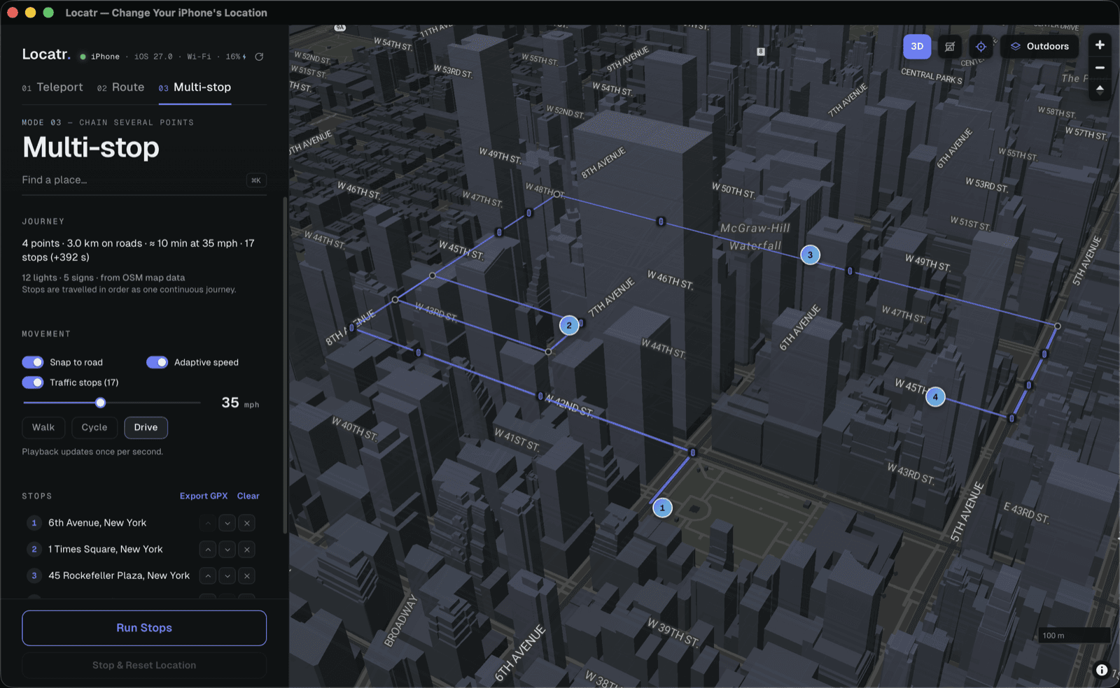 Locatr in Multi-stop mode: a four-point journey chained through Midtown Manhattan over a 3D view, with traffic stops and journey totals in the sidebar.