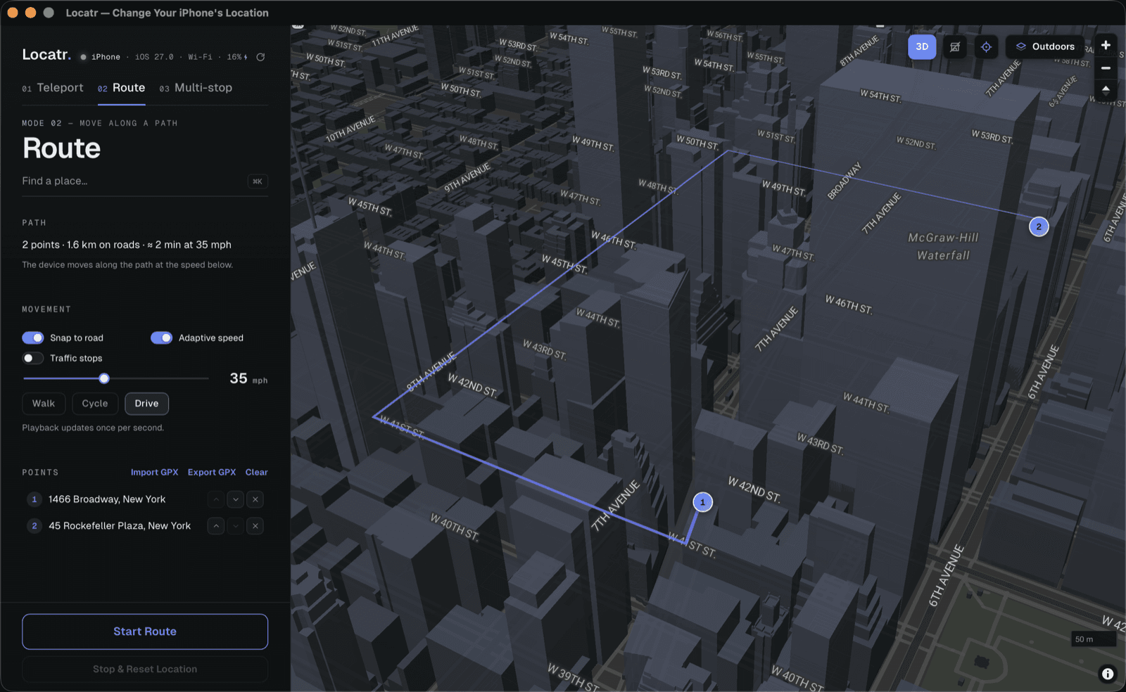 Locatr in Route mode: a two-point path snapped to roads between Broadway and Rockefeller Plaza over a 3D view of Midtown Manhattan, with speed and movement controls in the sidebar.