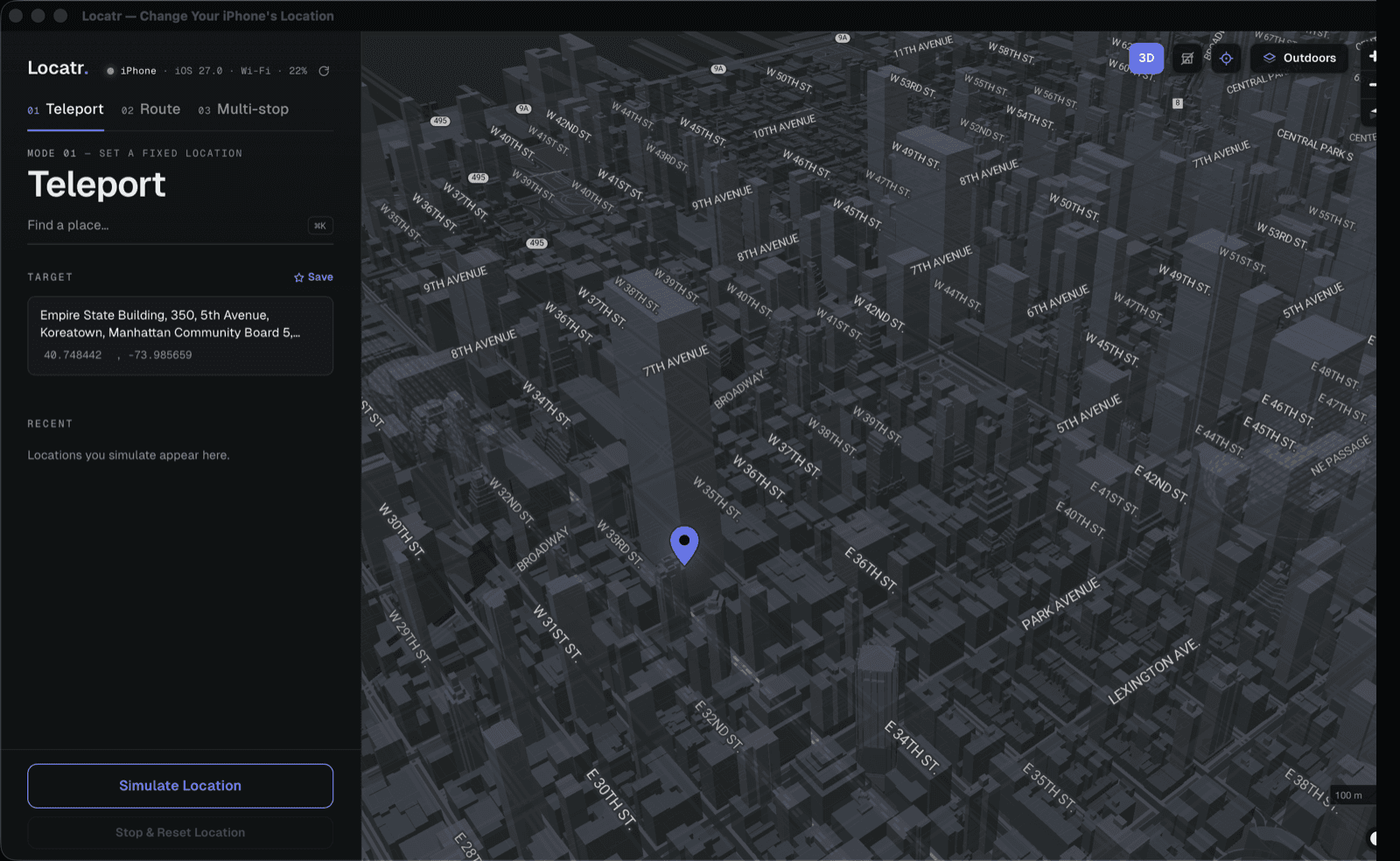 Locatr in Teleport mode: a pin dropped on the Empire State Building over a tilted 3D view of Midtown Manhattan, with the resolved address and its latitude and longitude in the sidebar.